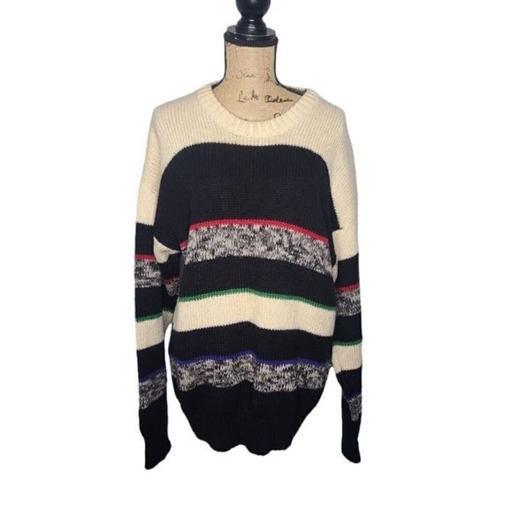 Vintage 90s Cozy Knit Wool Oversized Grandpa Striped Sweater Unisex Wool